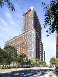 Artist's rendering of the Tribeca Green building, a modern apartment building on a tree lined street